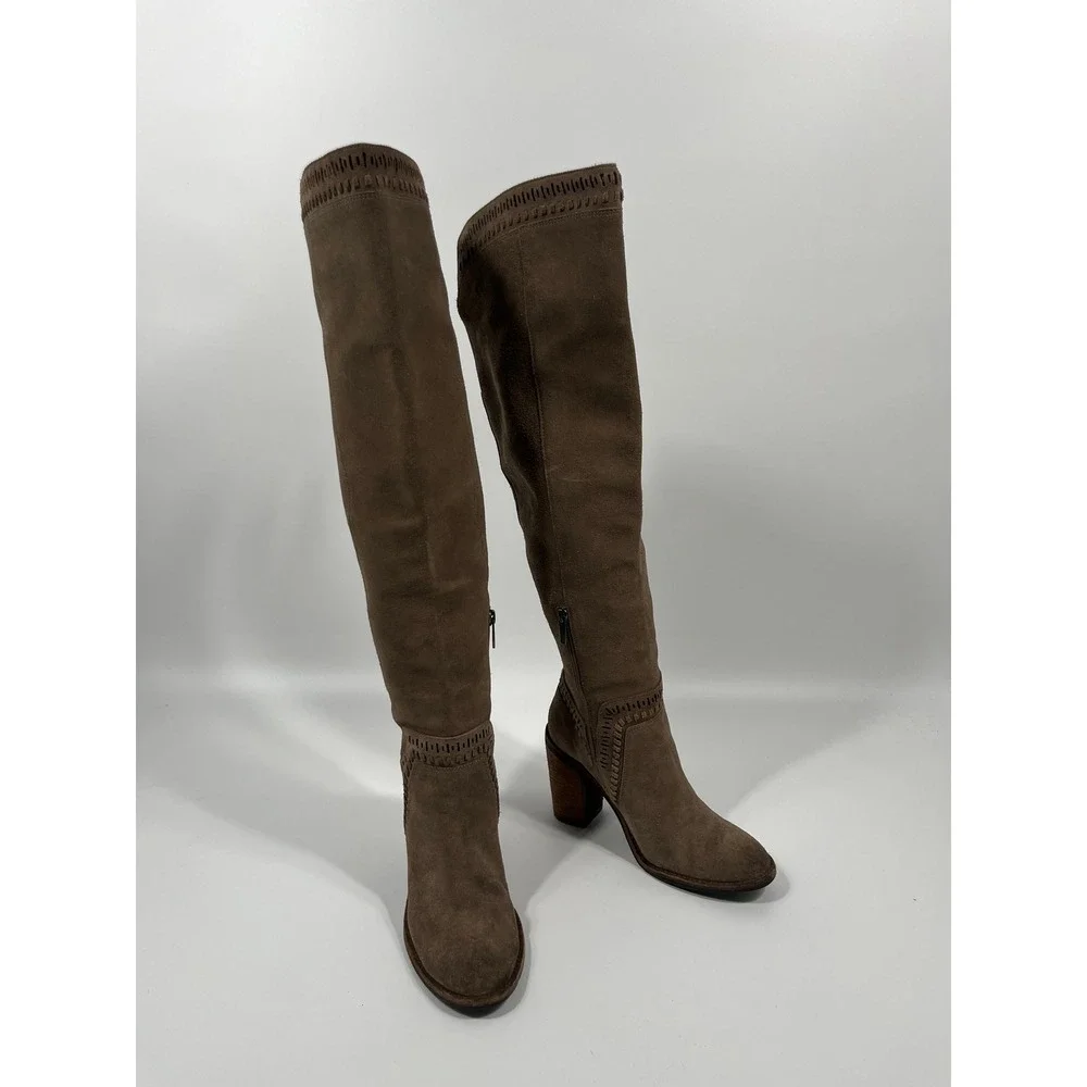 Womens Genuine Suede Leather Knee High Boots 8 Brown Festival Western Boho Chic